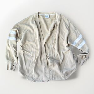 OFFLINE by Aerie Throwback Varsity Cardigan Tan White Stripe Oversized Fleece L
